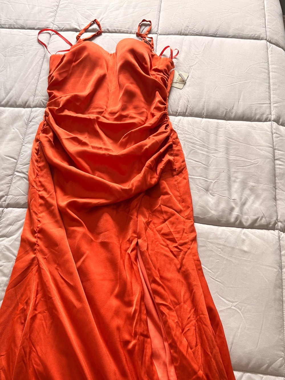 Satin Orange Ruched Slip Dress with Spaghetti Straps